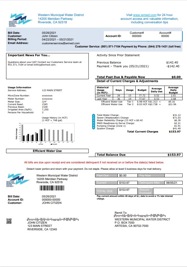 USA Western Municipal Water District utility bill template in Word and PDF format